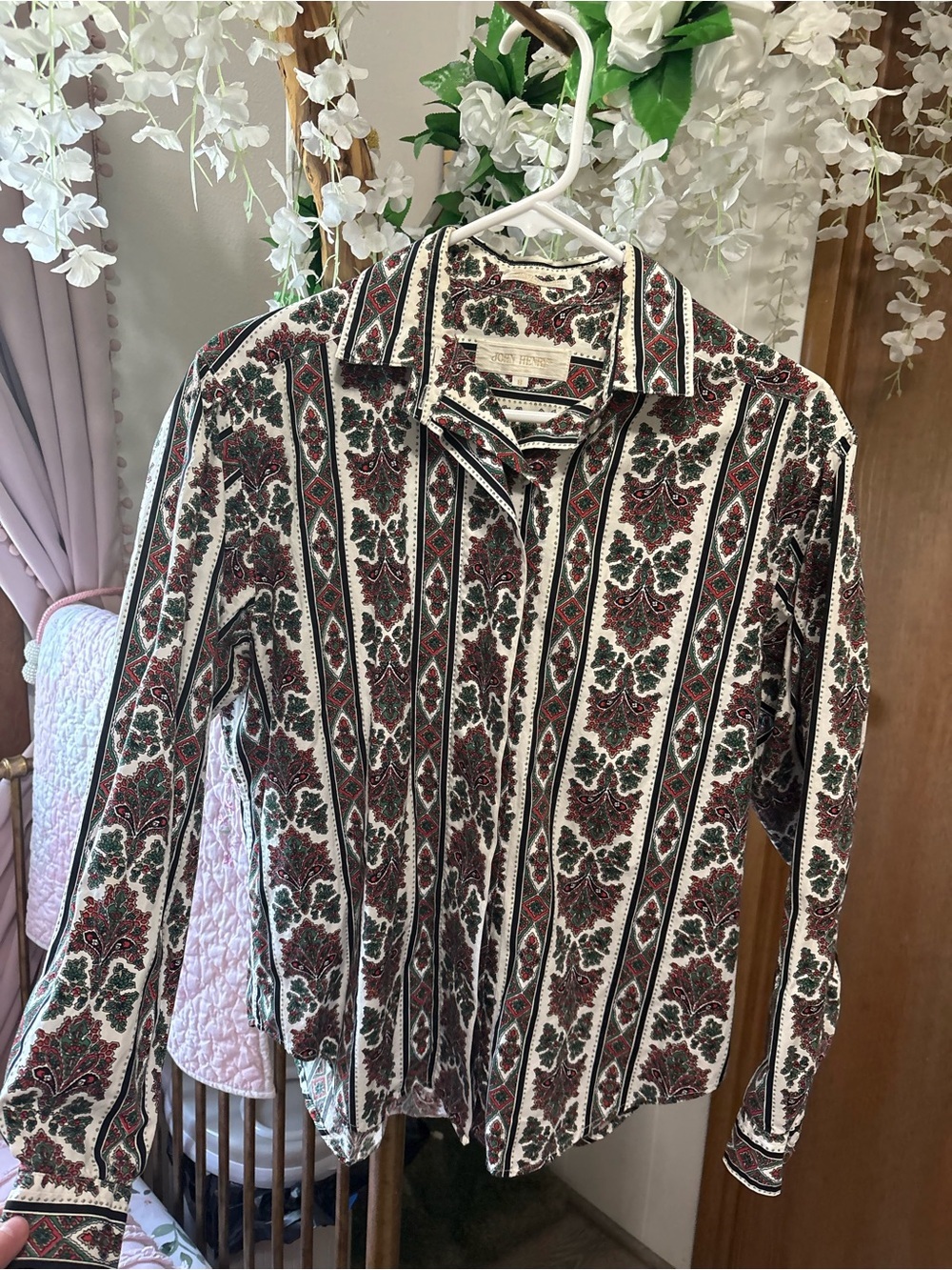 Vintage Button-Down Shirt in Cream, Red & Green Paisley Stripe 100% Cotton